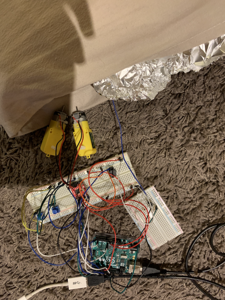 Component Setup: breadboards with foil in pillow as sensor