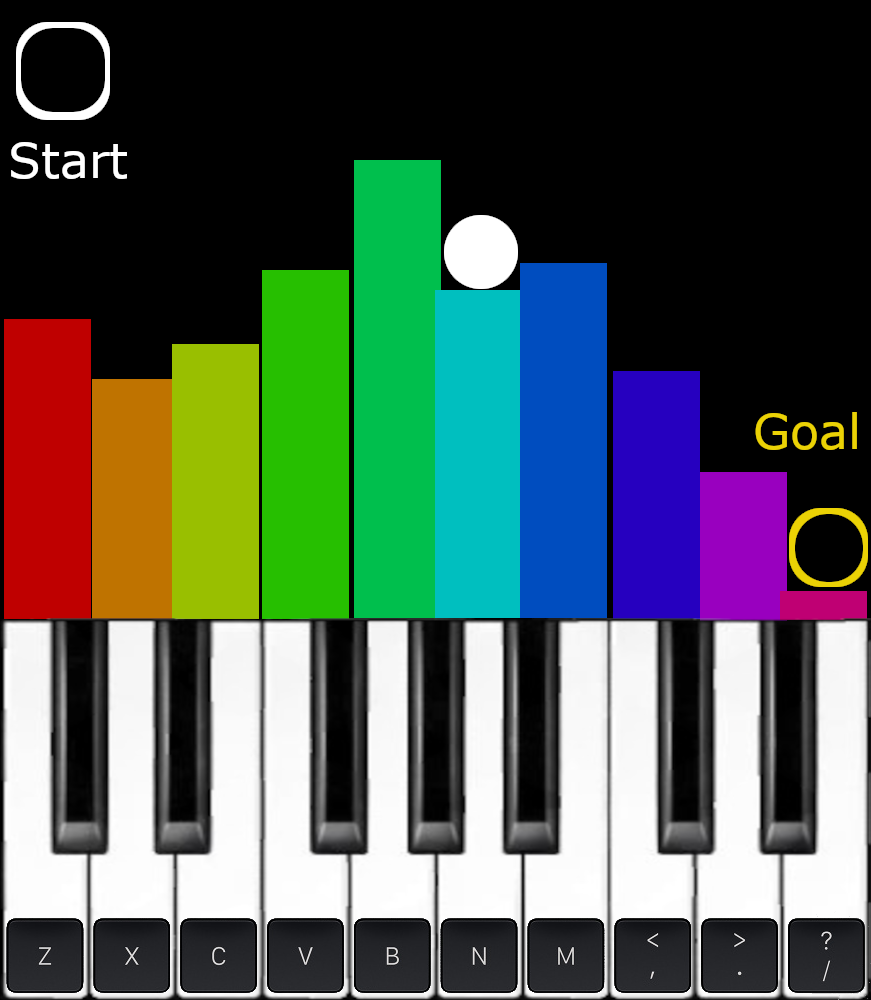 Temp Piano Game Concept, with keys controlling the height of the bars, and a ball on it